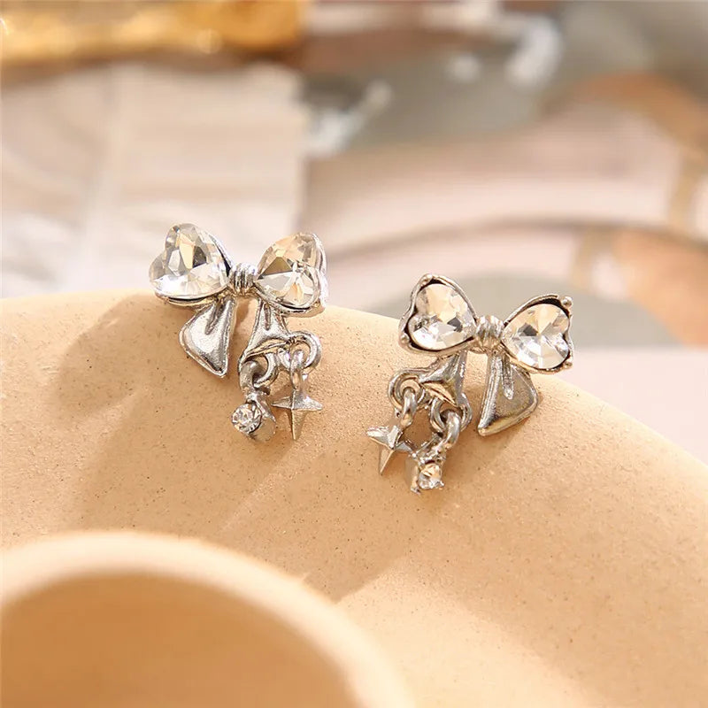 Y2K Bowknot Zircon Earrings – Silver with Pink Crystal