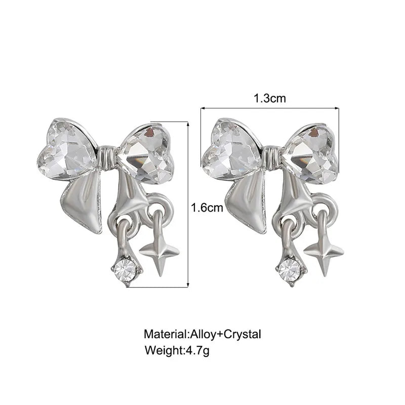 Y2K Bowknot Zircon Earrings – Silver with Pink Crystal