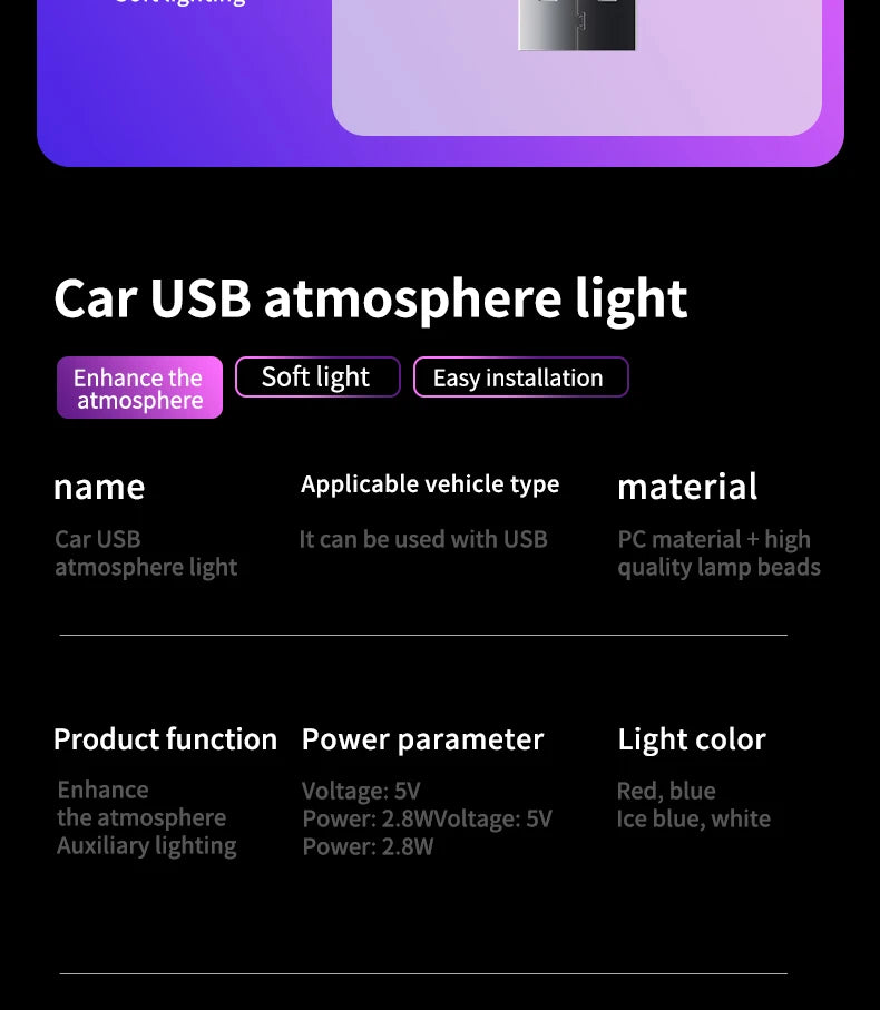 Car USB LED Light Mood Lamp