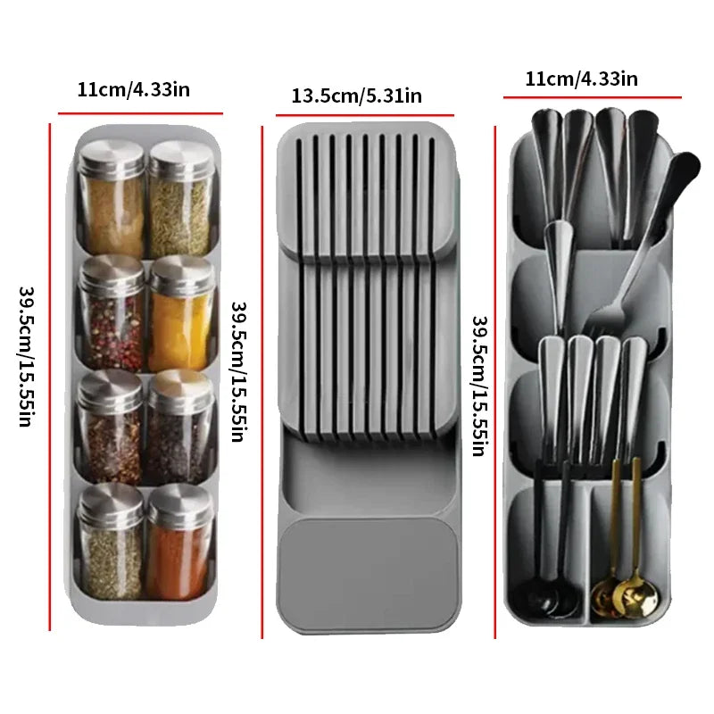 Kitchen Drawer Cutlery Organizer – Tray for Knives, Spoons, Forks & Spice Bottles