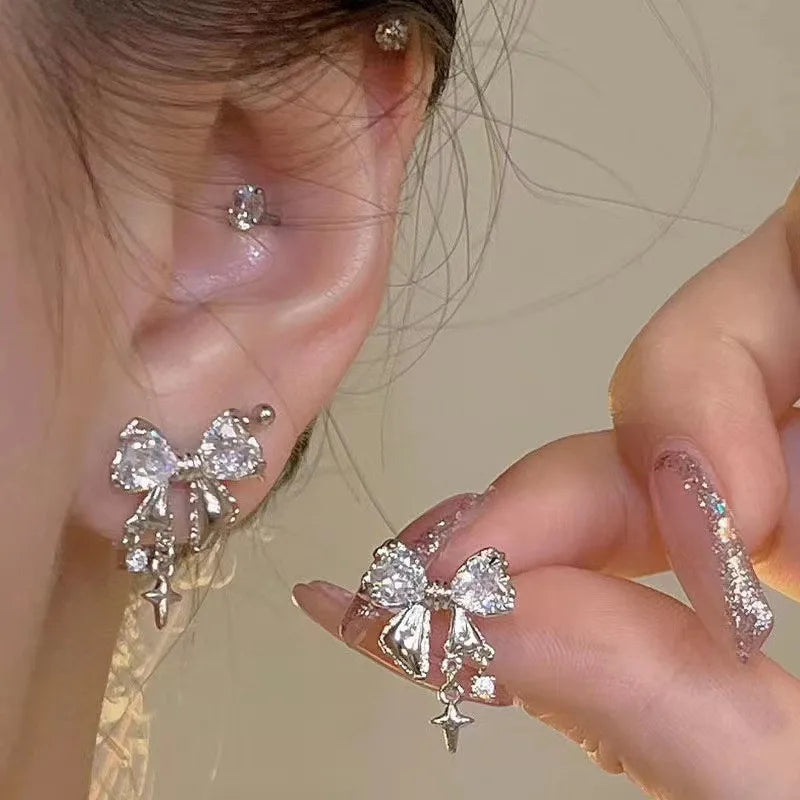 Y2K Bowknot Zircon Earrings – Silver with Pink Crystal