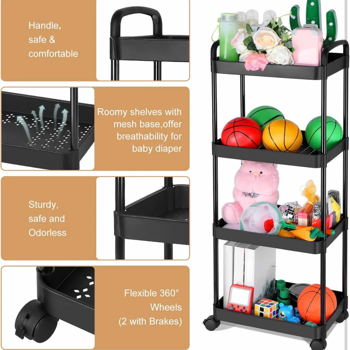 Rolling Storage Cart with Wheels – Detachable Organizer
