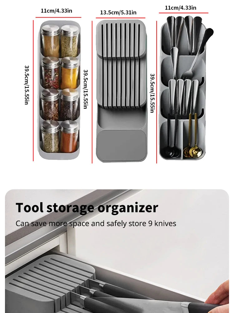 Kitchen Drawer Cutlery Organizer – Tray for Knives, Spoons, Forks & Spice Bottles