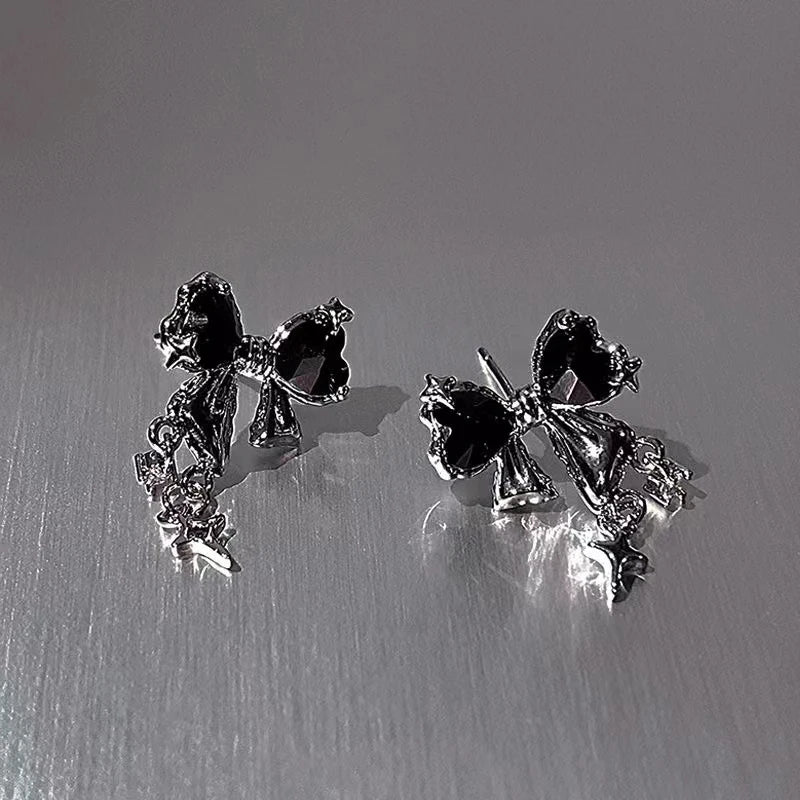 Y2K Bowknot Zircon Earrings – Silver with Pink Crystal