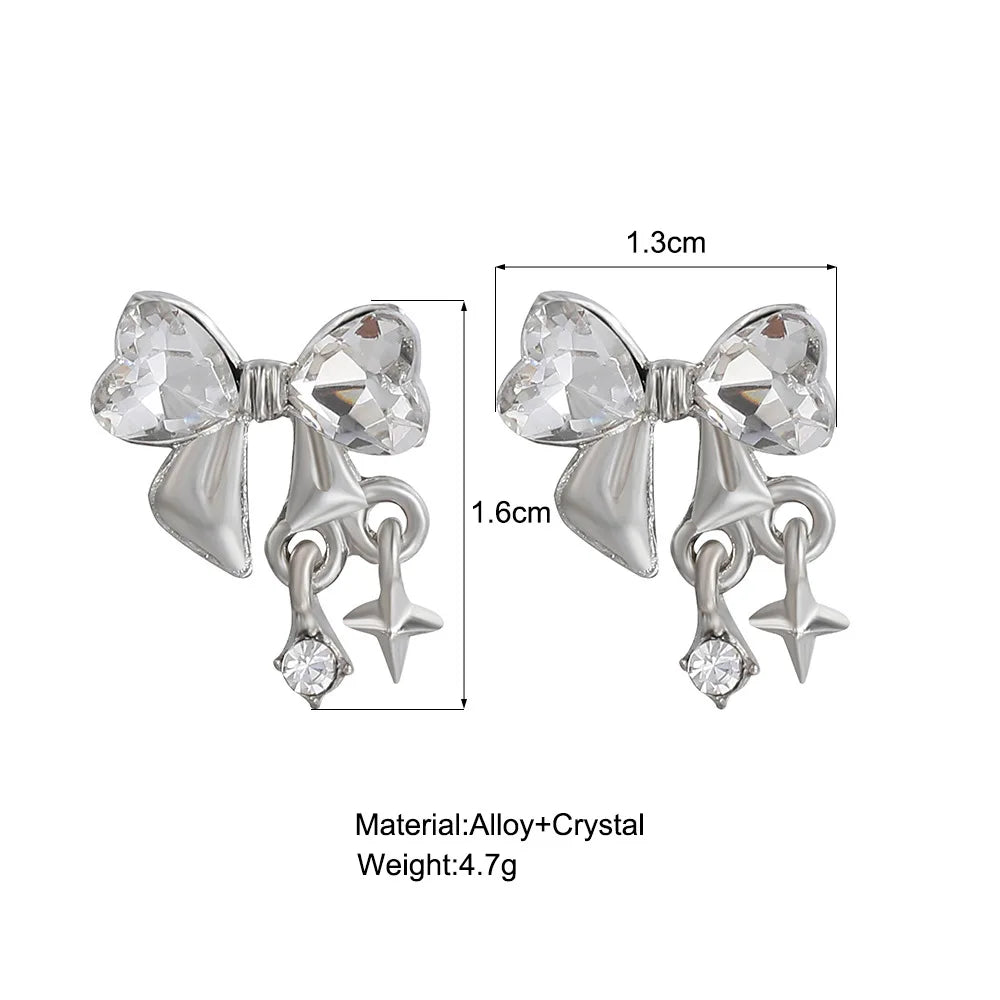Y2K Bowknot Zircon Earrings – Silver with Pink Crystal