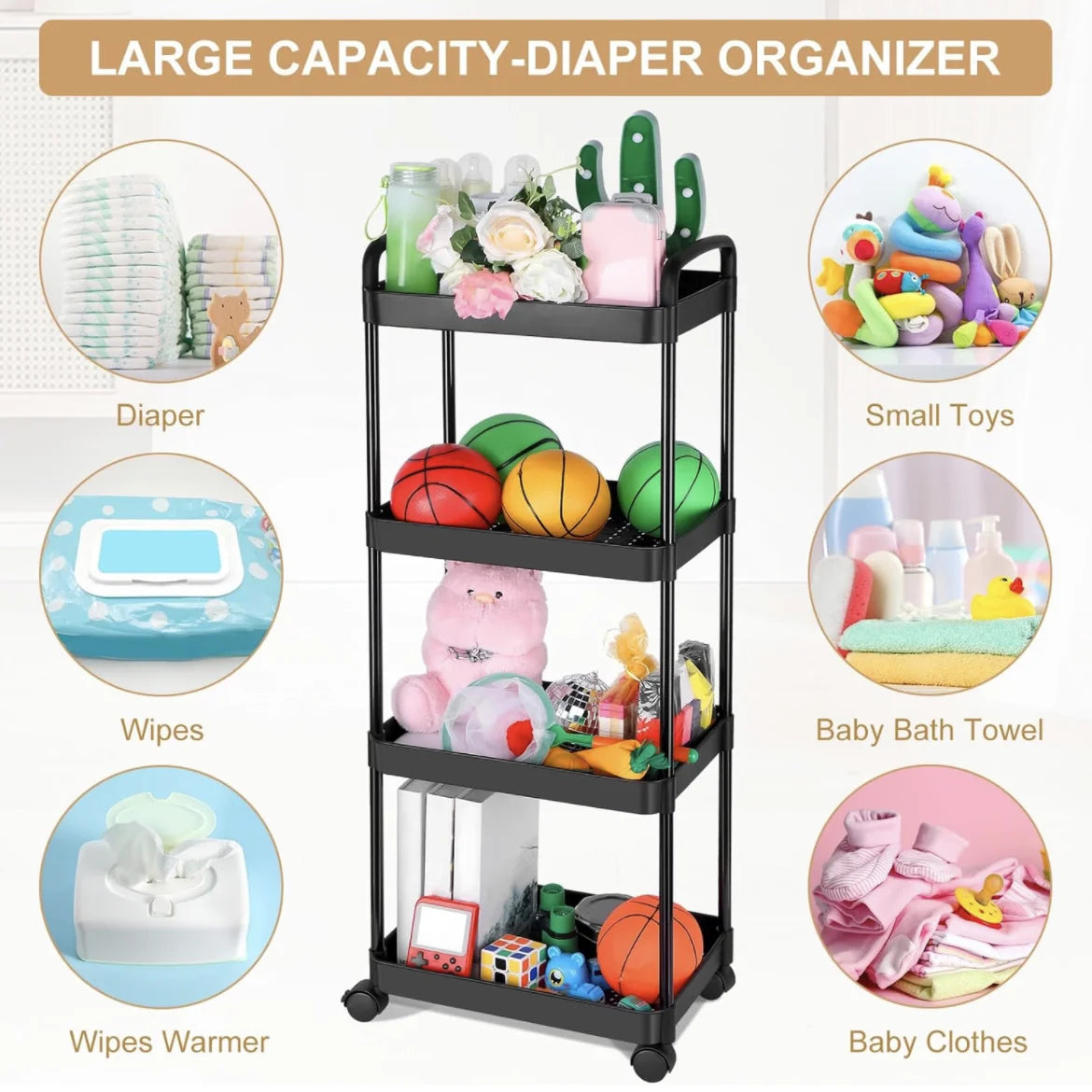 Rolling Storage Cart with Wheels – Detachable Organizer