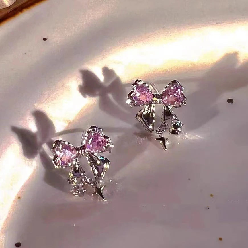 Y2K Bowknot Zircon Earrings – Silver with Pink Crystal
