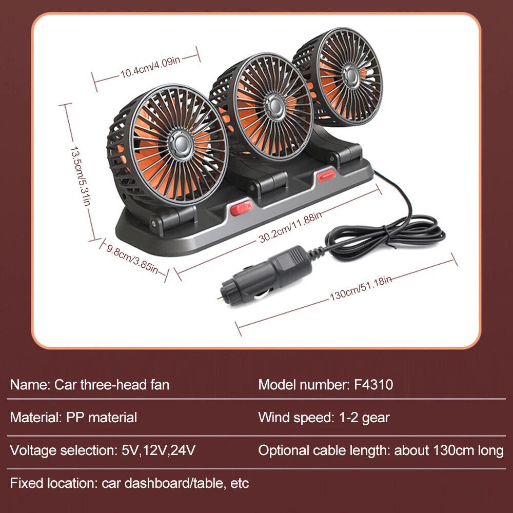 360° Adjustable 3-Head Car Fan