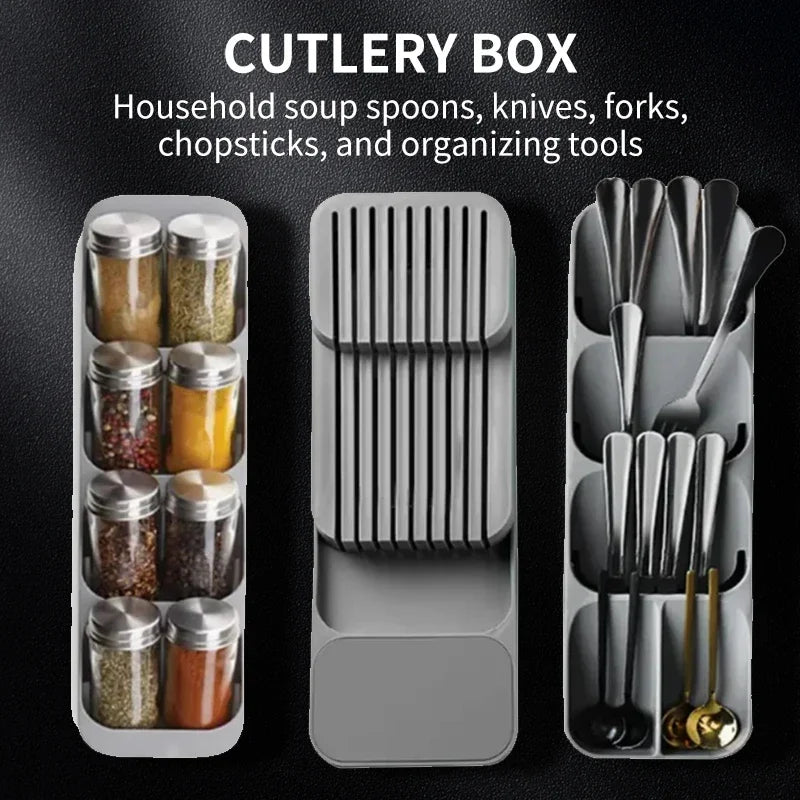 Kitchen Drawer Cutlery Organizer – Tray for Knives, Spoons, Forks & Spice Bottles