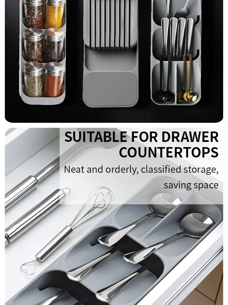 Kitchen Drawer Cutlery Organizer – Tray for Knives, Spoons, Forks & Spice Bottles