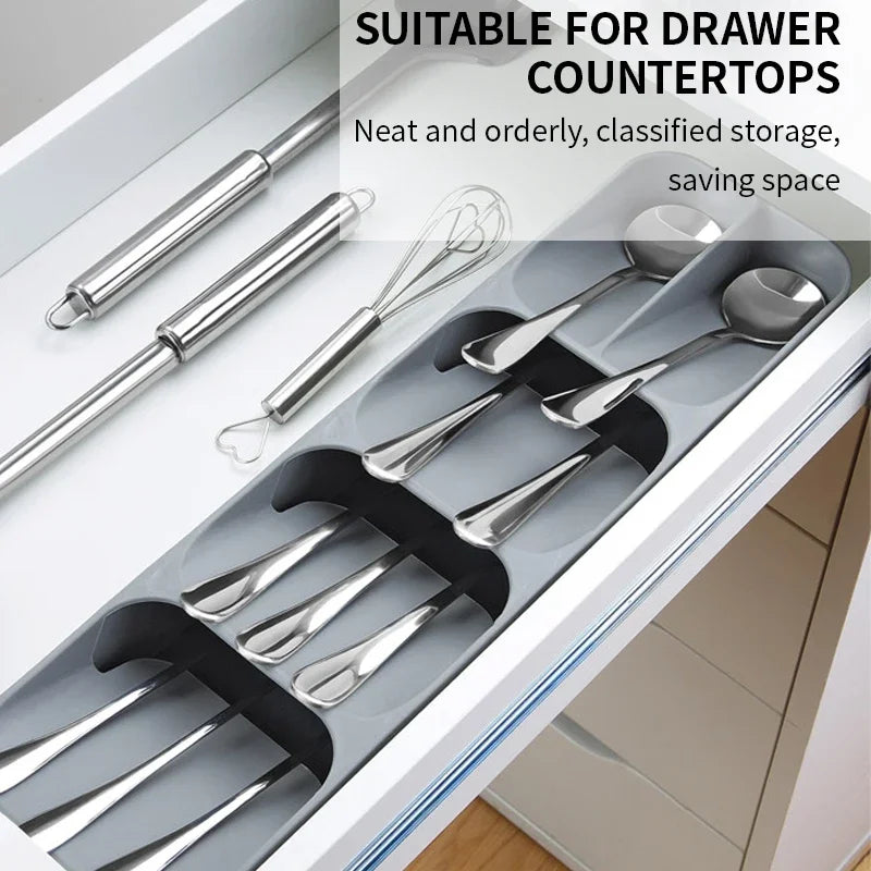 Kitchen Drawer Cutlery Organizer – Tray for Knives, Spoons, Forks & Spice Bottles