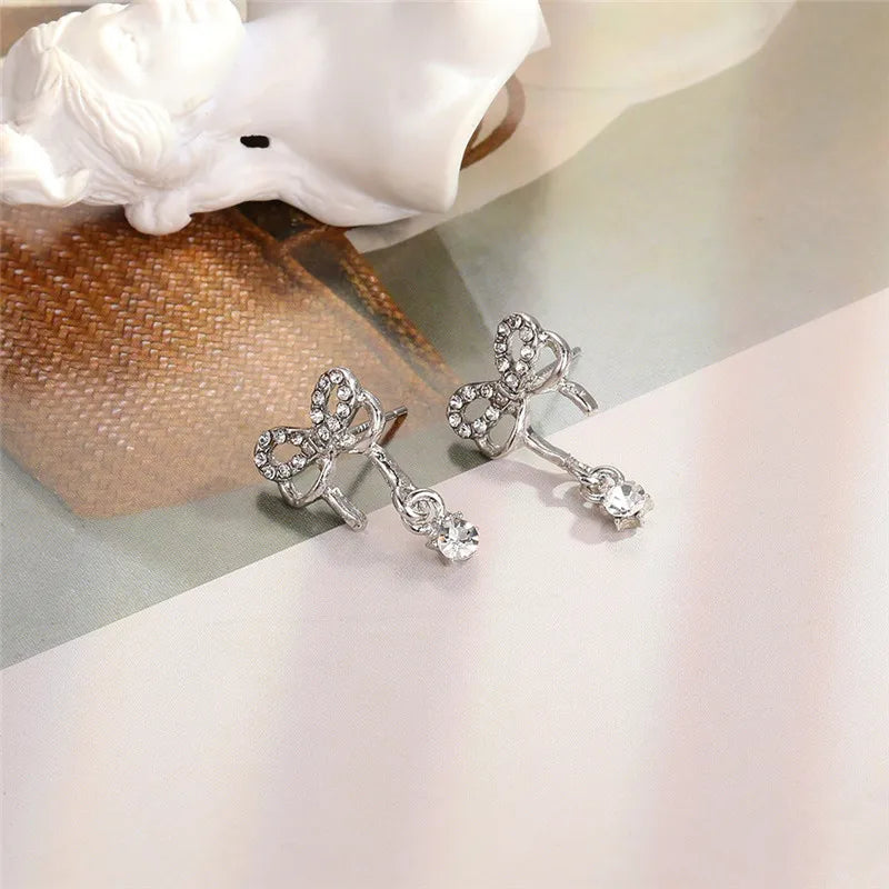Y2K Bowknot Zircon Earrings – Silver with Pink Crystal