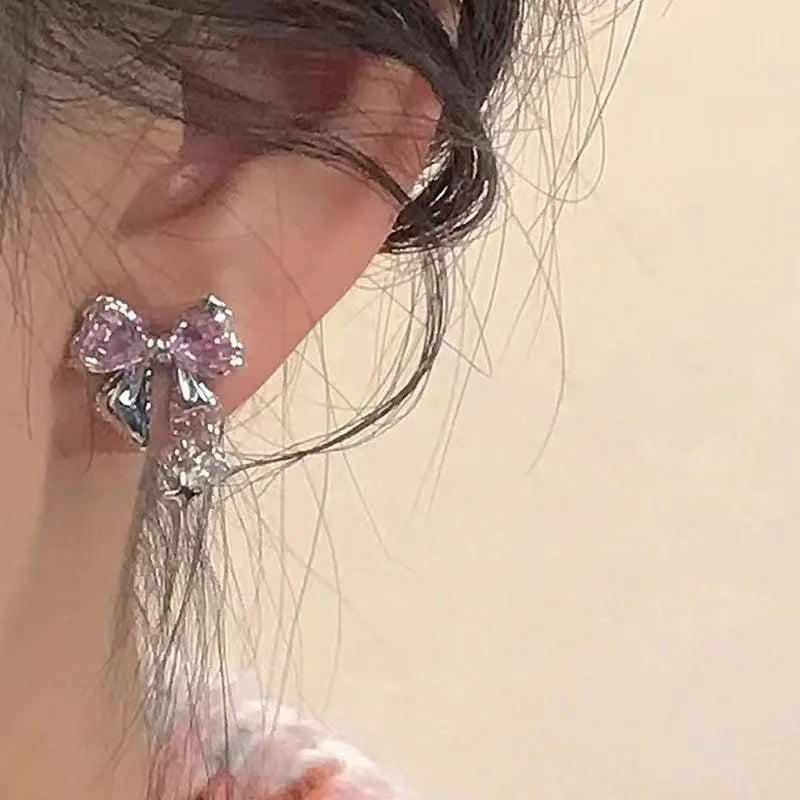 Y2K Bowknot Zircon Earrings – Silver with Pink Crystal
