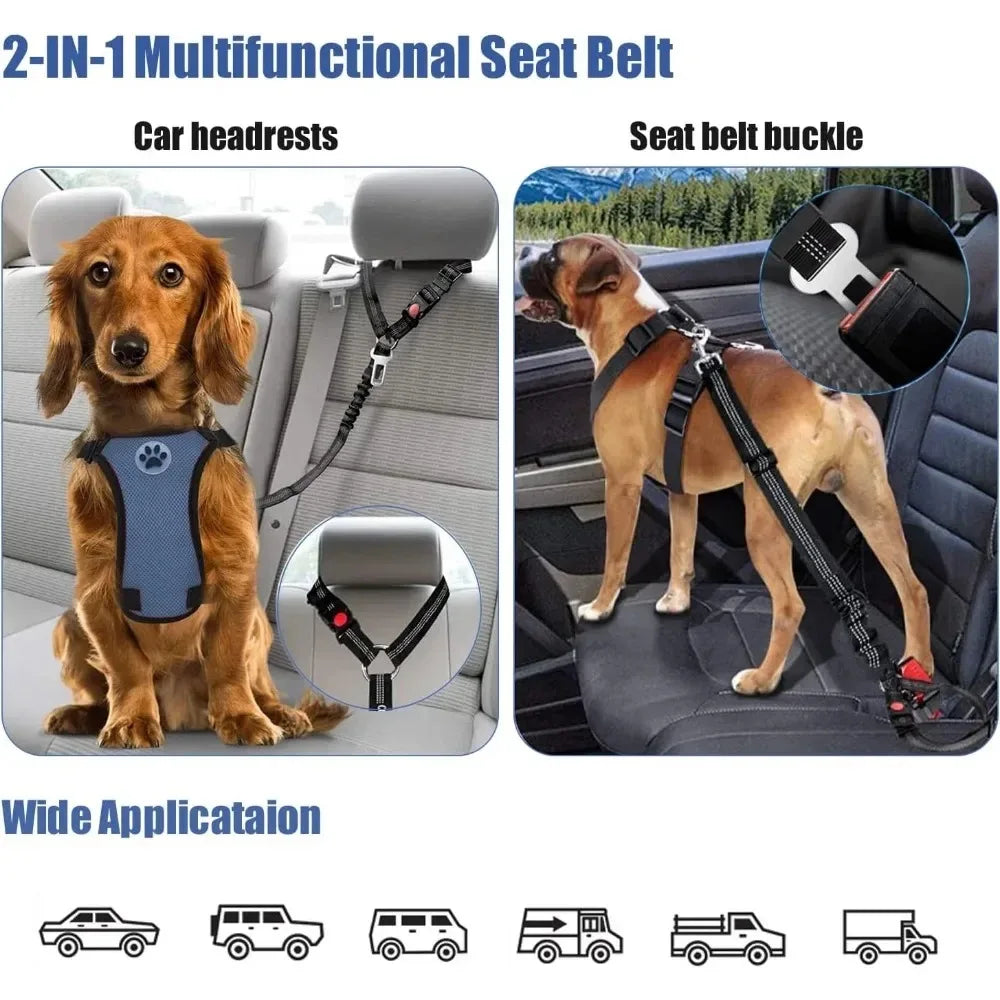 2-in-1 Adjustable Dog Car Seatbelt with Headrest Restraint