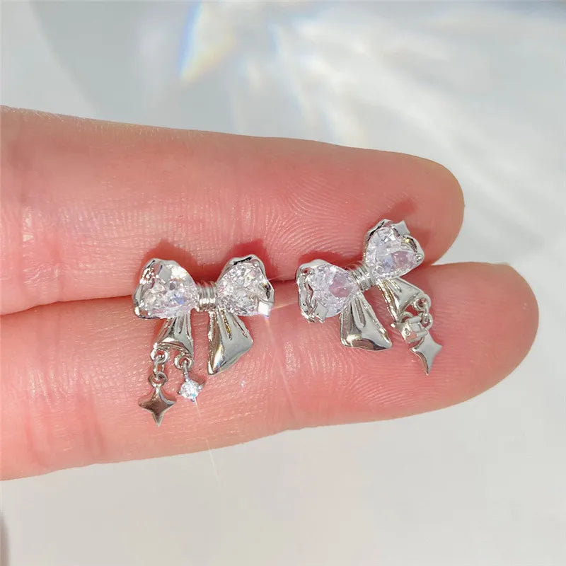 Y2K Bowknot Zircon Earrings – Silver with Pink Crystal