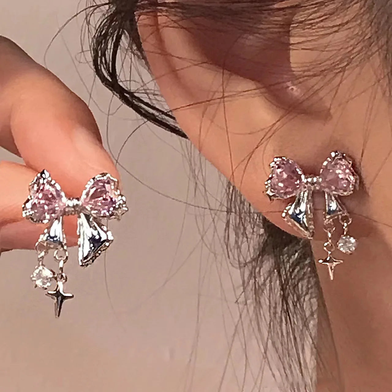 Y2K Bowknot Zircon Earrings – Silver with Pink Crystal