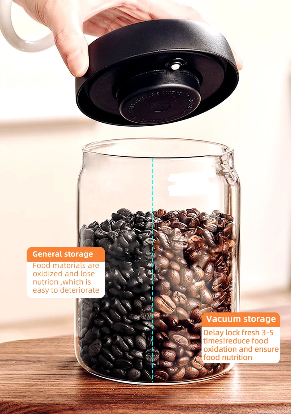 Vacuum Sealed Storage Jar – Glass Container for Coffee Beans, Tea, & Grains