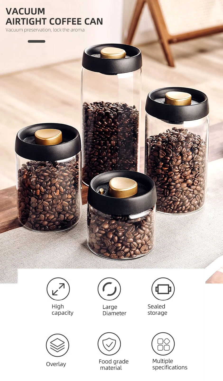 Vacuum Sealed Storage Jar – Glass Container for Coffee Beans, Tea, & Grains