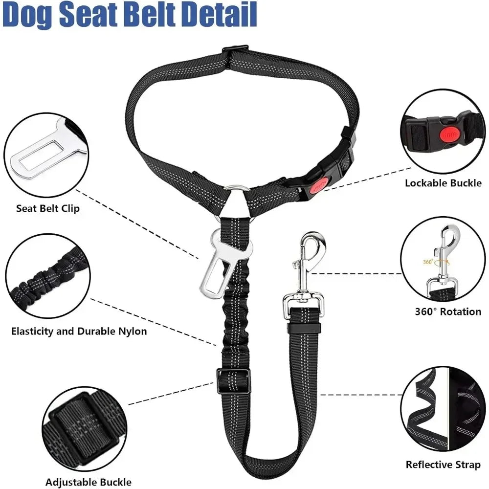 2-in-1 Adjustable Dog Car Seatbelt with Headrest Restraint