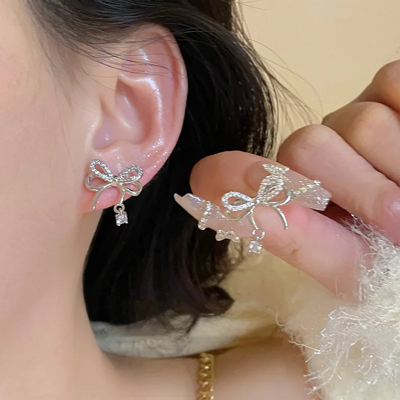 Y2K Bowknot Zircon Earrings – Silver with Pink Crystal