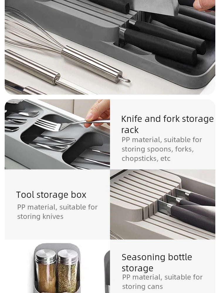 Kitchen Drawer Cutlery Organizer – Tray for Knives, Spoons, Forks & Spice Bottles