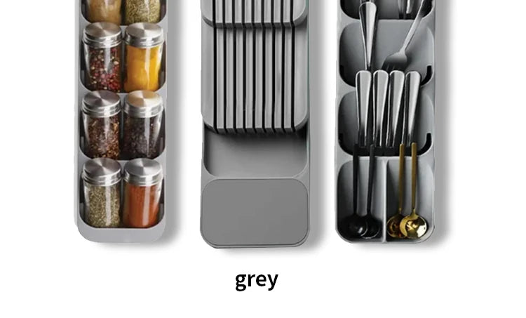 Kitchen Drawer Cutlery Organizer – Tray for Knives, Spoons, Forks & Spice Bottles