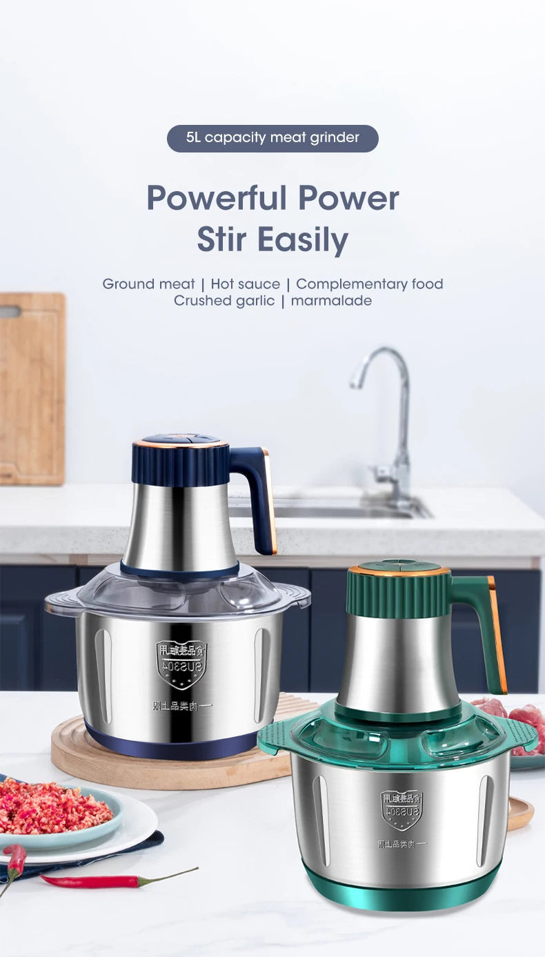 5L Electric Meat Grinder & Food Processor – Stainless Steel Vegetable Slicer & Chopper