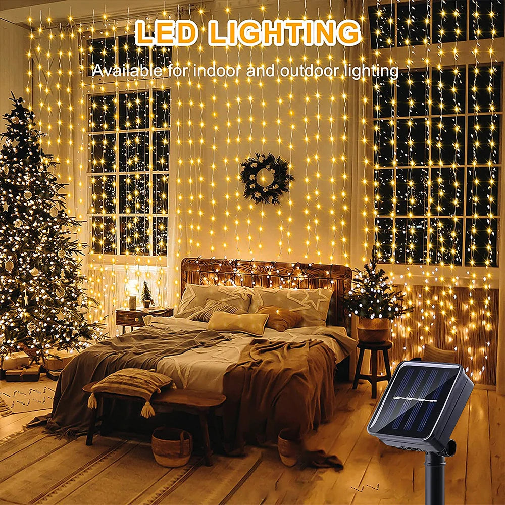 300LED Solar Curtain String Lights – Waterproof Outdoor Fairy Lights