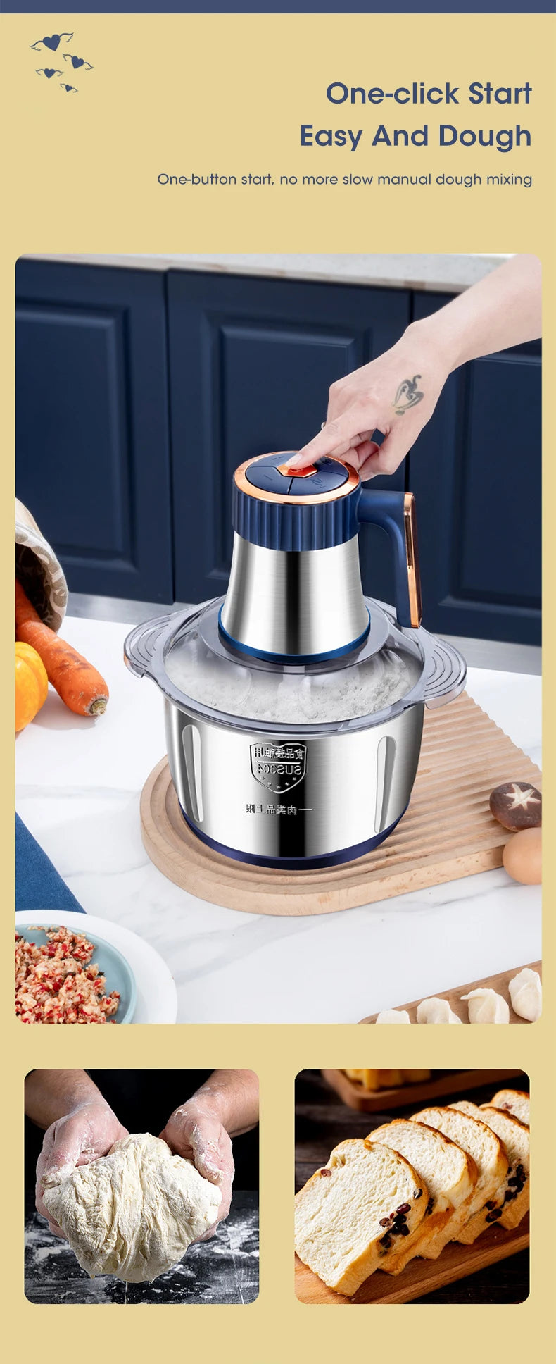 5L Electric Meat Grinder & Food Processor – Stainless Steel Vegetable Slicer & Chopper