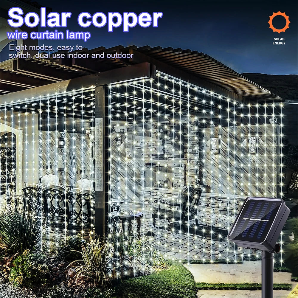 300LED Solar Curtain String Lights – Waterproof Outdoor Fairy Lights