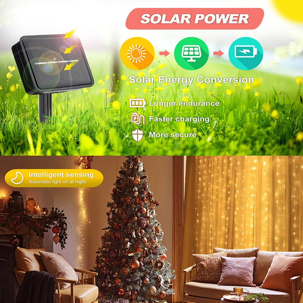 300LED Solar Curtain String Lights – Waterproof Outdoor Fairy Lights